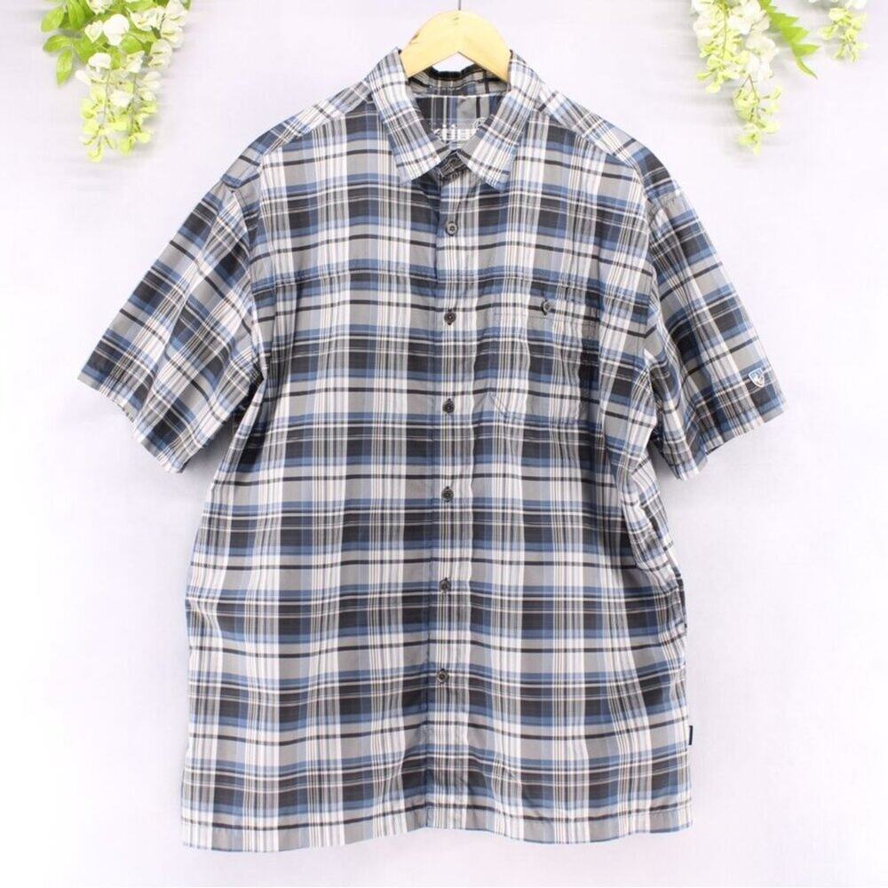 Kuhl Men's Blue Gray Short Sleeve Button Down Chest Pocket Plaid Shirt Sz XL